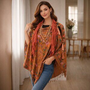Cinnamon Brown Embroidered Kashmir 100% Wool Poncho Scarf